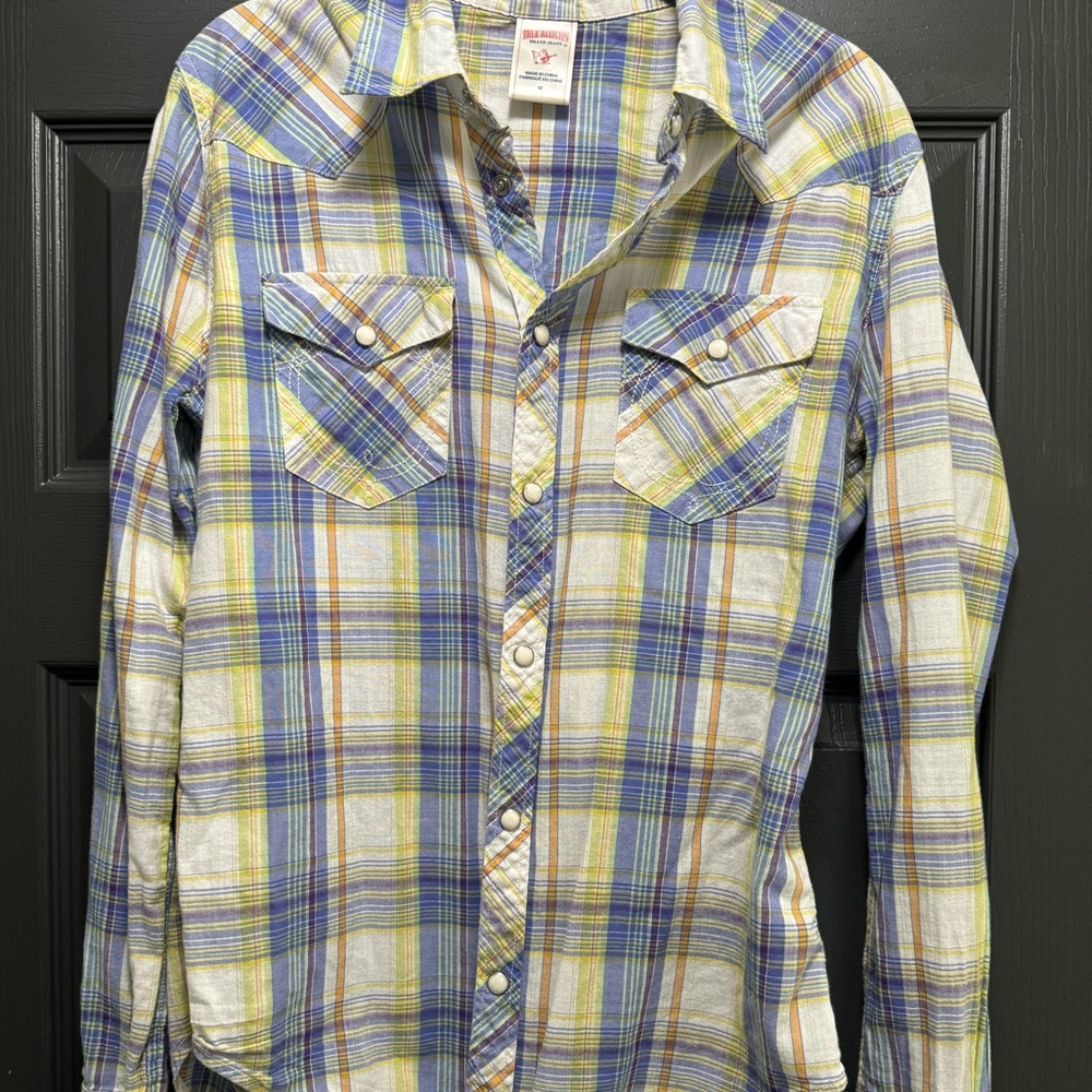 True Religion plaid western pearl snap button down shirt women’s M
